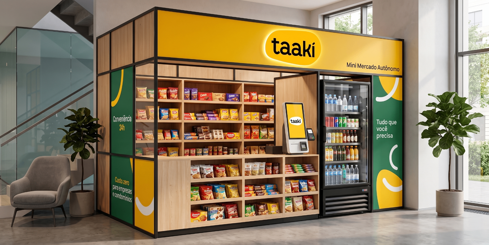 Ambiente corporativo com colaboradores aproveitando o micro market Taaki
