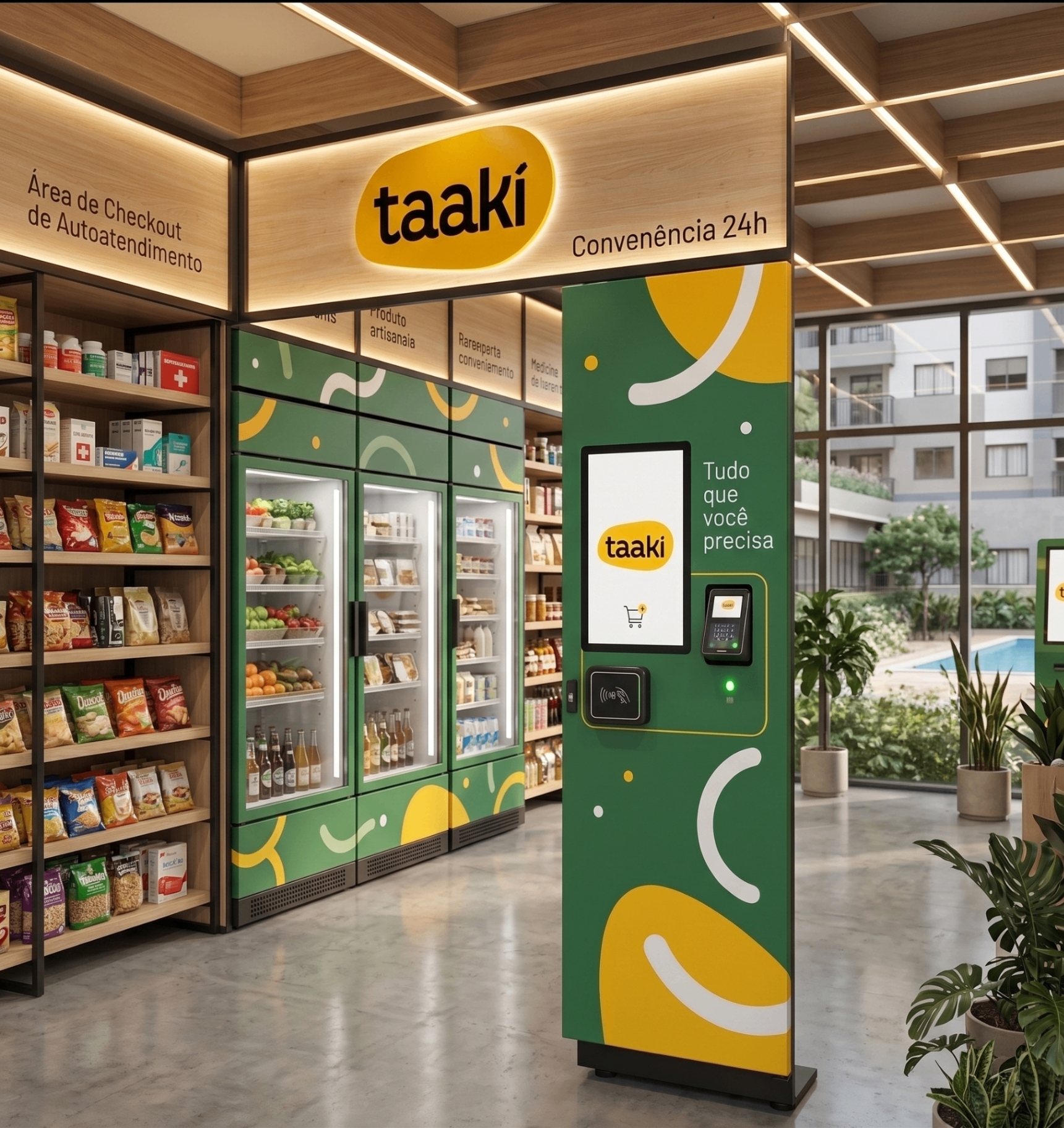 Micro market Taaki com prateleiras e geladeira